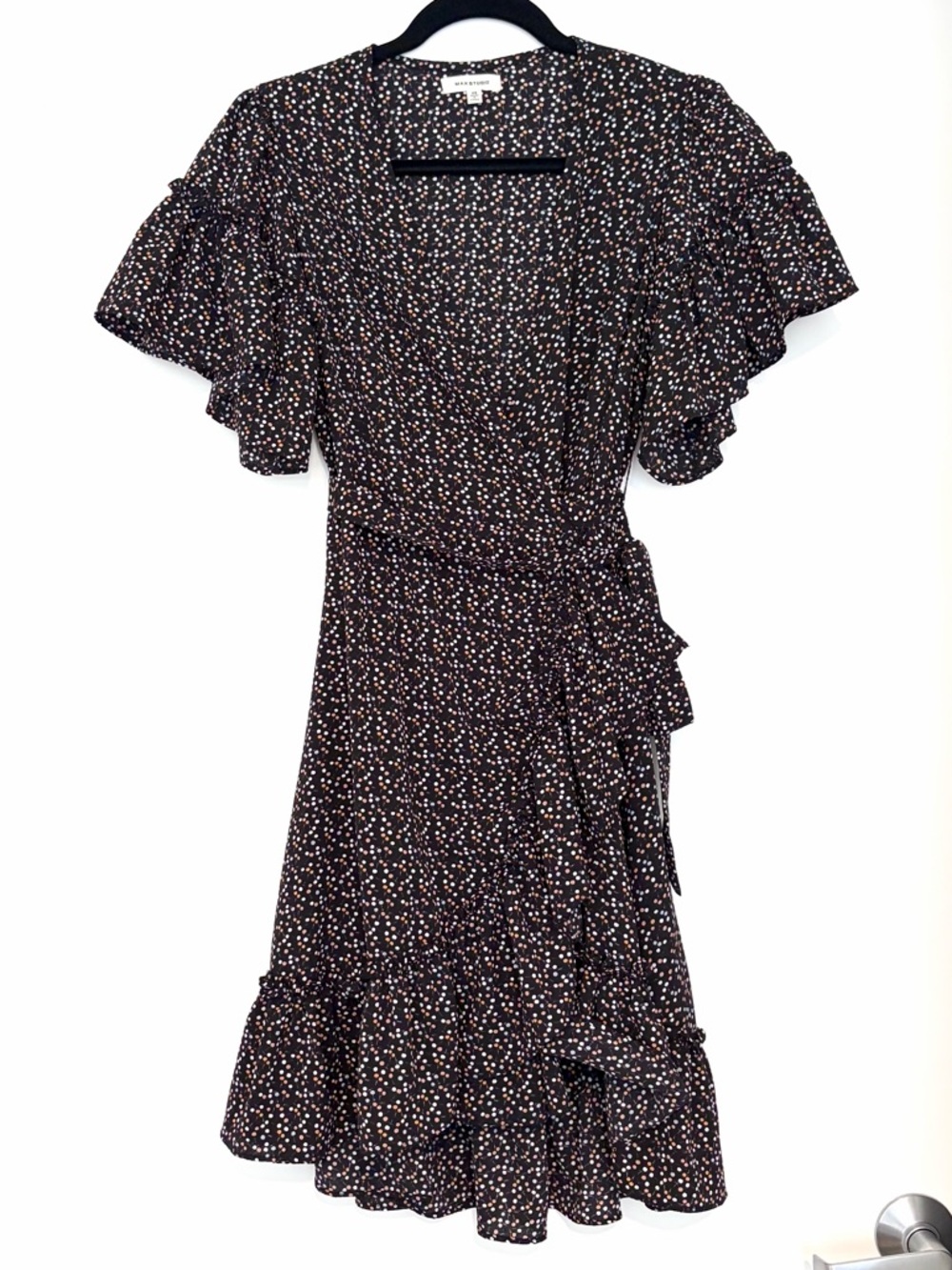 Max Studio Black Floral Wrap Dress Ruffle Sleeve Tie Waist Size XS NWOT